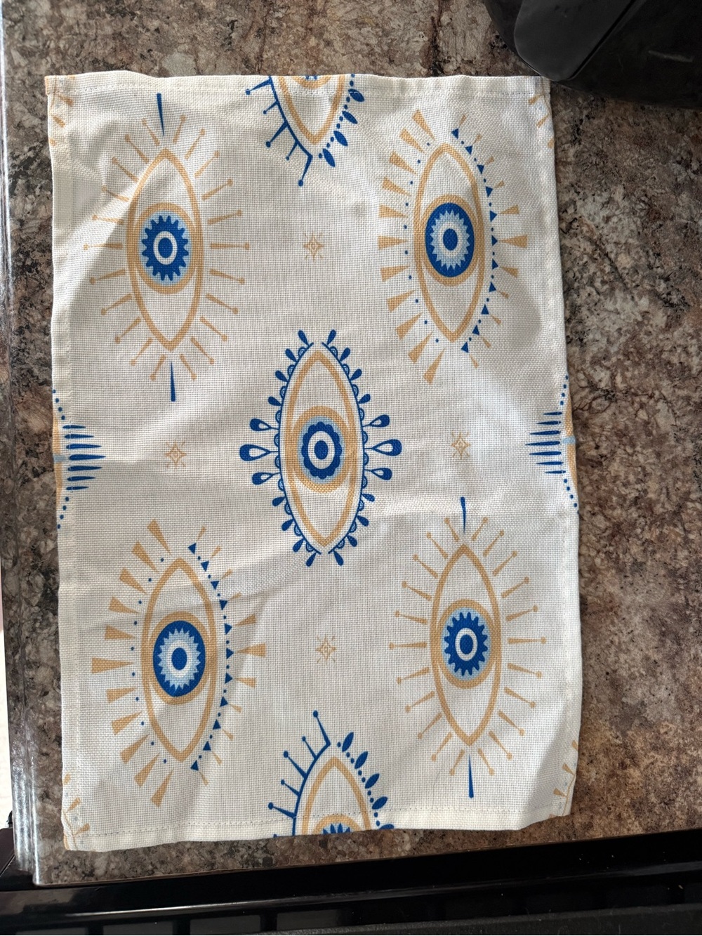 Blue and Gold Eye Motif Wall Tapestry - Neutral Cotton Print